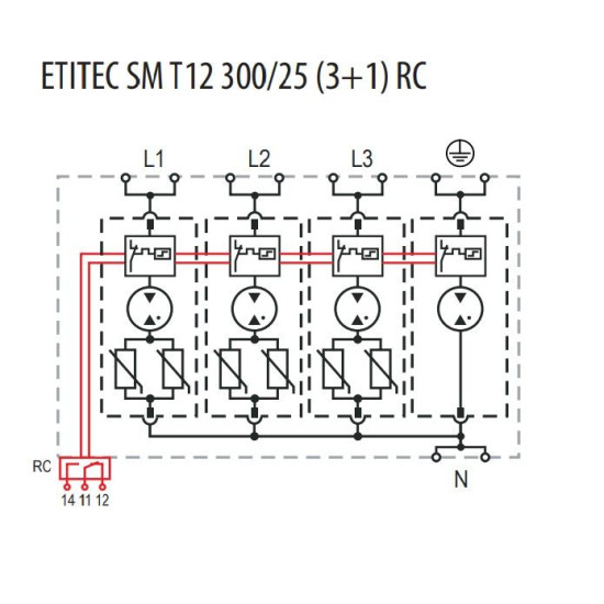 Обмежувач перенапруги ETI 002440562 ETITEC SM T12 300/25 (3+1 8p TT TN-S)