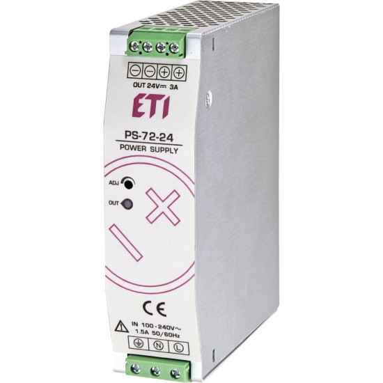 Джерело живлення ETI 004656681 PS-72-24 (Вхід: 100-240V AC/140-340V DC; Вихід: 24-28V DC/75W/3A)