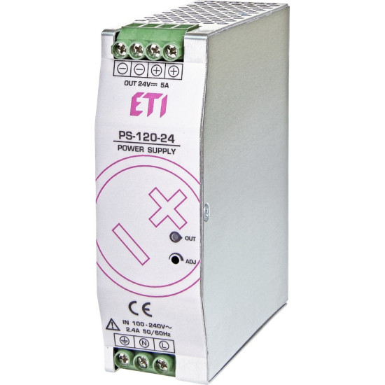 Джерело живлення ETI 004656682 PS-120-24 (Вхід: 100-240V AC/140-340V DC; Вихід: 24-28V DC/120W/5A)