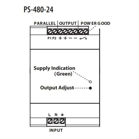 Джерело живлення ETI 004656684 PS-480-24 (Вхід: 100-240V AC/140-340V DC; Вихід: 24-28V DC/480W/20A)