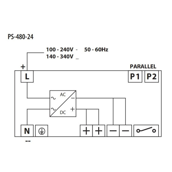 Джерело живлення ETI 004656684 PS-480-24 (Вхід: 100-240V AC/140-340V DC; Вихід: 24-28V DC/480W/20A)