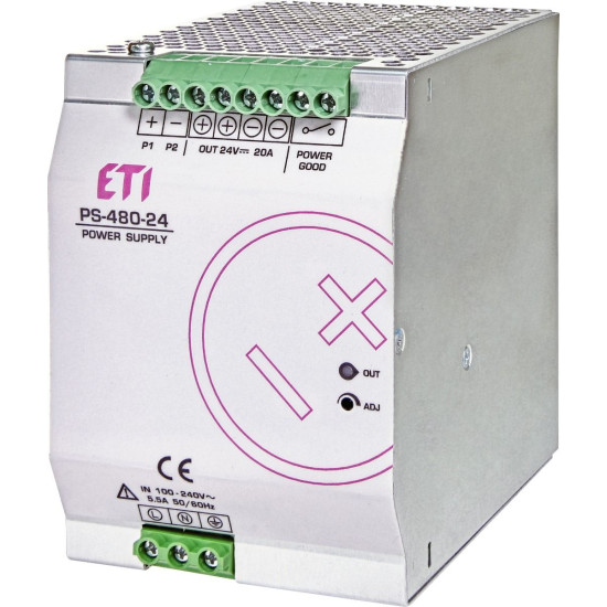 Джерело живлення ETI 004656684 PS-480-24 (Вхід: 100-240V AC/140-340V DC; Вихід: 24-28V DC/480W/20A)
