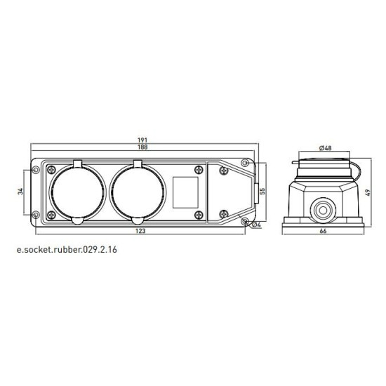 Каучукова подвійна колодка E.Next e.socket.rubber.029.2.16 16А із заземленням та захисною кришкою (s9100026)
