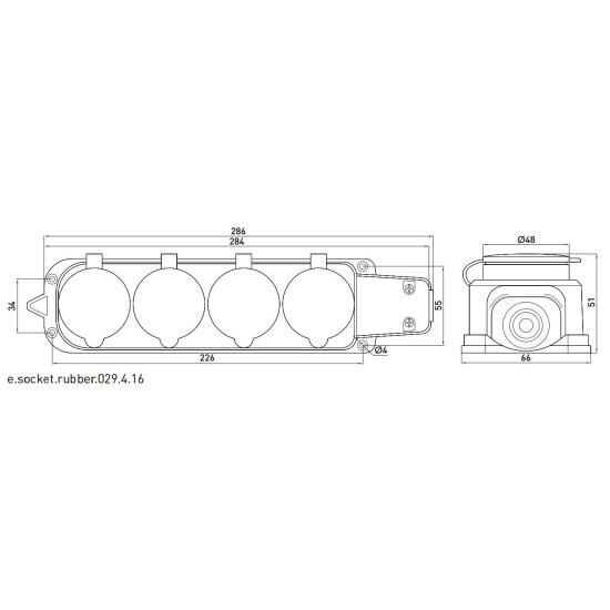 Каучукова чотиримісна колодка E.Next e.socket.rubber.029.4.16 16А із заземленням та захисною кришкою (s9100039)