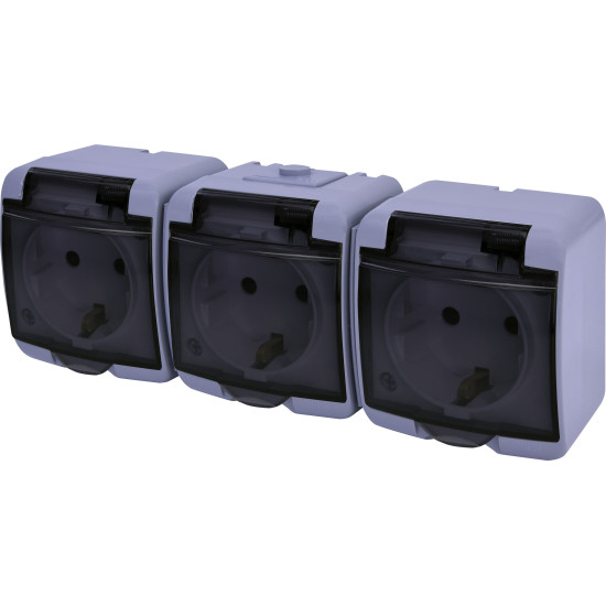 Розетка тримісна Eti Hermetics RHE-3sd-SR із з/к IP54 сіра/прозора кришка (4668075)