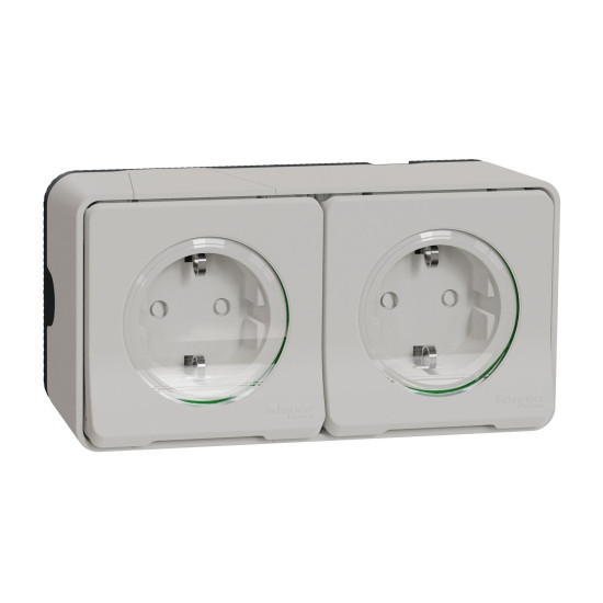 Накладна 2-місна розетка Schneider Electric MUR39035 із з/к та шторками IP55 (біла)
