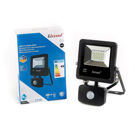 Алюмінієвий LED прожектор Lezard (PAL6520S) 20Вт 6500K 1600Лм IP65 з датчиком руху
