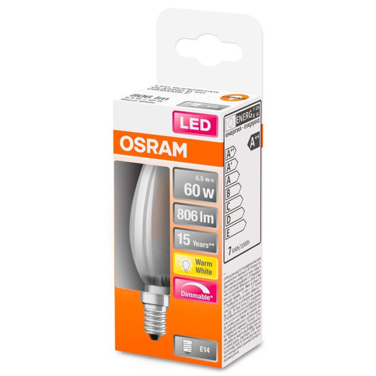 Філаментна лампа, що димується Osram LED CL B60 DIM 6,5W/827 230V GL FR E14 10X1 (4058075434486)