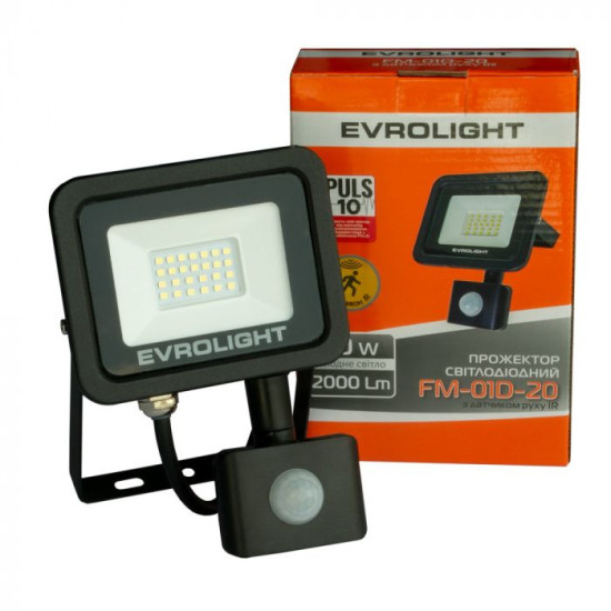 Світлодіодний прожектор Evrolight FM-01D-20 20Вт 6400К з датчиком руху (57040)
