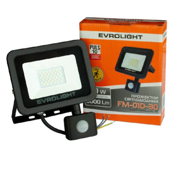 Світлодіодний прожектор Evrolight FM-01D-30 30Вт 6400К з датчиком руху (57052)