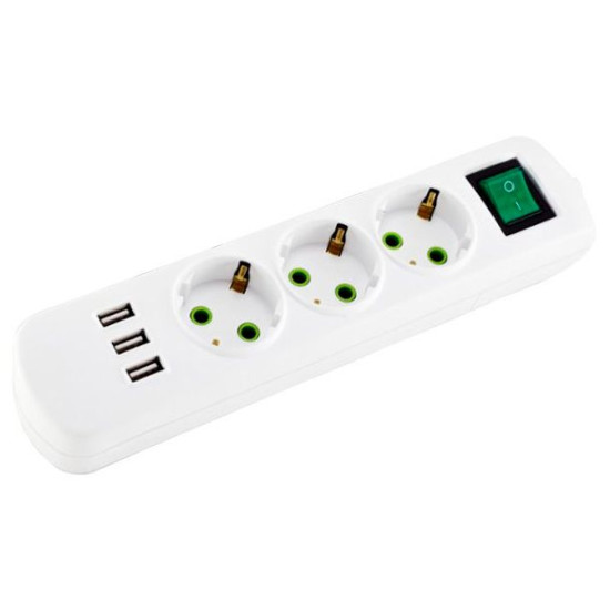 Колодка на 3 гнізда Lezard «Letiti» (721-0300-302U) з/з із кнопкою та USB роз'ємом