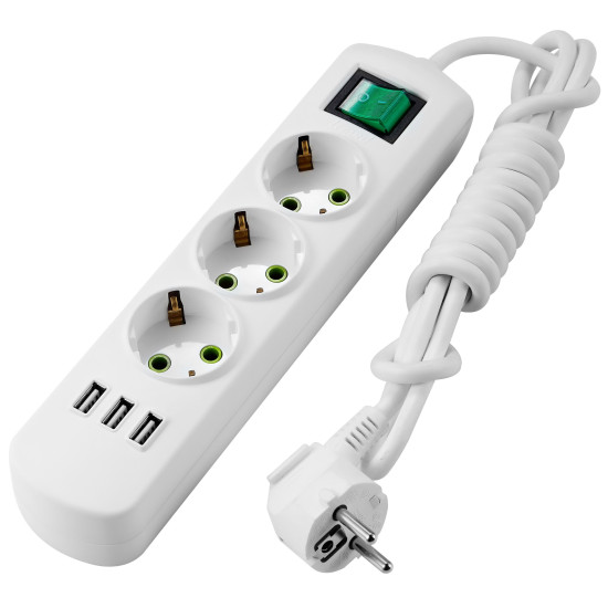 Тримісний подовжувач Lezard «Letiti» (721-0302-302U) з/з 2м з кнопкою та USB роз'ємом