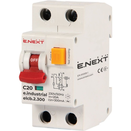 Вимикач диференційного струму E.Next e.industrial.elcb.2.C20.300 1Р+N 20А С 300мА (i0230010)