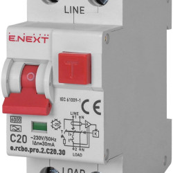 Вимикач диференційного струму E.Next e.rcbo.pro.2.C20.30 1P+N 20А С тип А 30мА (p0720027)