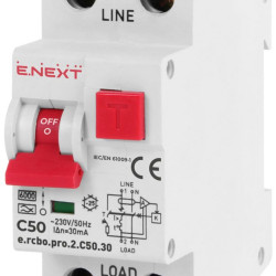 Вимикач диференційного струму E.Next e.rcbo.pro.2.C50.30 1P+N 50А С тип А 30мА (p0720013)