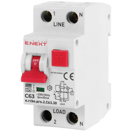 Вимикач диференційного струму E.Next e.rcbo.pro.2.C63.30 1P+N 63А С тип А 30мА (p0720014)