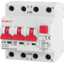 Вимикач диференційного струму E.Next e.rcbo.pro.4.C16.100 3P+N 16А С тип А 100мА (p0720021)