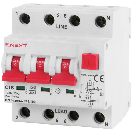 Вимикач диференційного струму E.Next e.rcbo.pro.4.C16.100 3P+N 16А С тип А 100мА (p0720021)