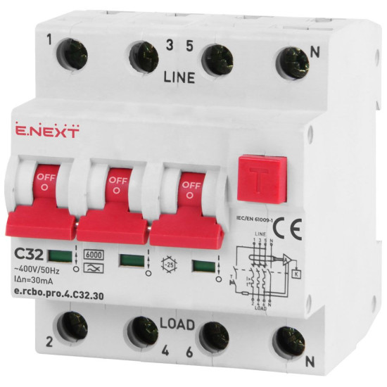 Вимикач диференційного струму E.Next e.rcbo.pro.4.C32.30 3P+N 32А С тип А 30мА (p0720017)