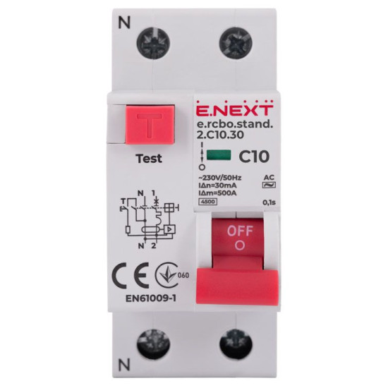 Вимикач диференційного струму E.Next e.rcbo.stand.2.C10.30 1P+N 10А С 30мА (s034102)
