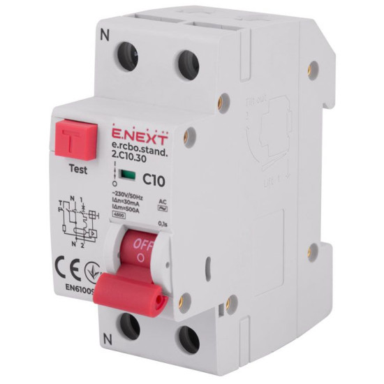 Вимикач диференційного струму E.Next e.rcbo.stand.2.C10.30 1P+N 10А С 30мА (s034102)