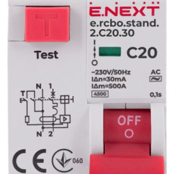 Вимикач диференційного струму E.Next e.rcbo.stand.2.C20.30 1P+N 20А С 30мА (s034104)
