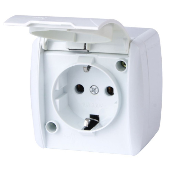 Одинарна розетка E.Next e.aqua.1231.gr з з/к IP54 кришка біла (s035056)