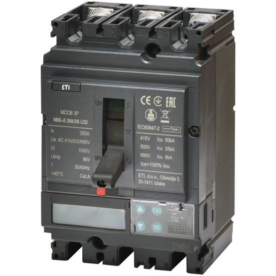 Корпусний автоматичний вимикач ETI NBS-E 100/3S LCD 3P 100A 50кА (4673049)
