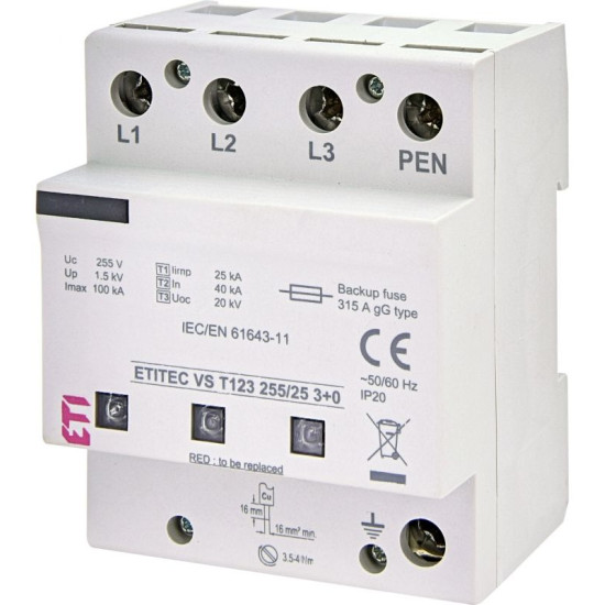 Обмежувач перенапруги ETITEC VS T123 255/25 3+0 (2442937)