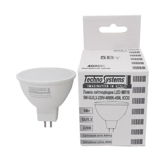 Світлодіодна лампа TNSy LED MR16-5W-GU5.3-220V-4000K-450L ICCD (TNSy5000047)