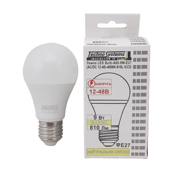 Світлодіодна лампа TNSy LED Bulb-A60-9W-E27-(AC/DC 12-48V)-4000K-810L ICCD (TNSy5000085)