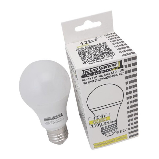 Світлодіодна лампа TNSy LED Bulb-A60-12W-E27-220V-4000K-1100L ICCD (TNSy5000041)