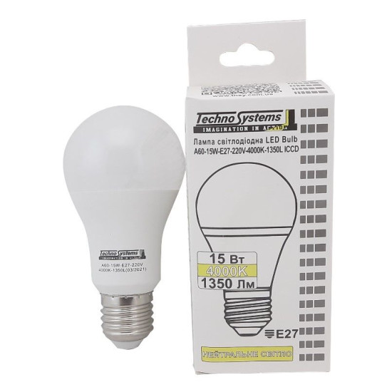 Світлодіодна лампа TNSy LED Bulb-A60-15W-E27-220V-4000K-1350L ICCD (TNSy5000042)
