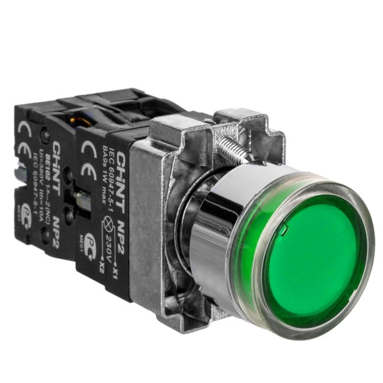 Кнопка Chint NP2-BW3361 230В AC/DC IP40 1NO зелена (574077)