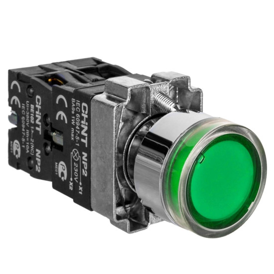 Кнопка Chint NP2-BW3365 230В AC/DC IP40 1NO+1NC зелена (574365)