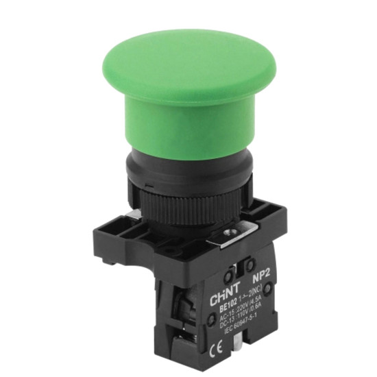 Пластикова кнопка грибок Chint NP2-EC32 1NC Ø40мм із самоповерненням зелена IP40 (574093)