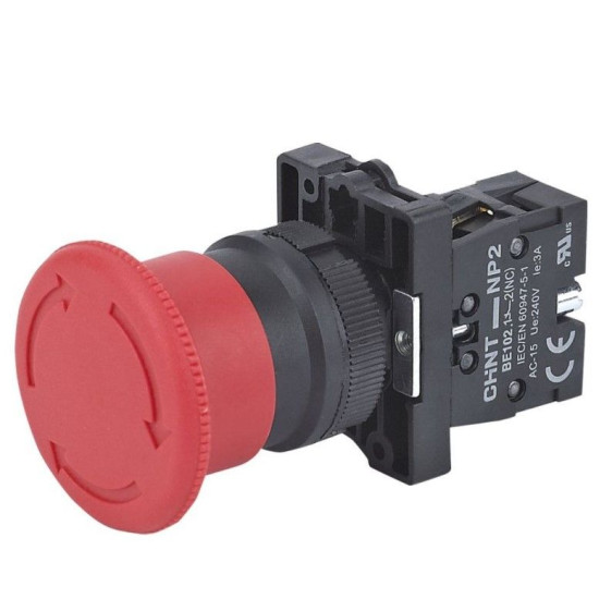 Пластикова кнопка грибок Chint NP2-ES542 1NC Ø40мм із фіксацією червона IP40 (574120)