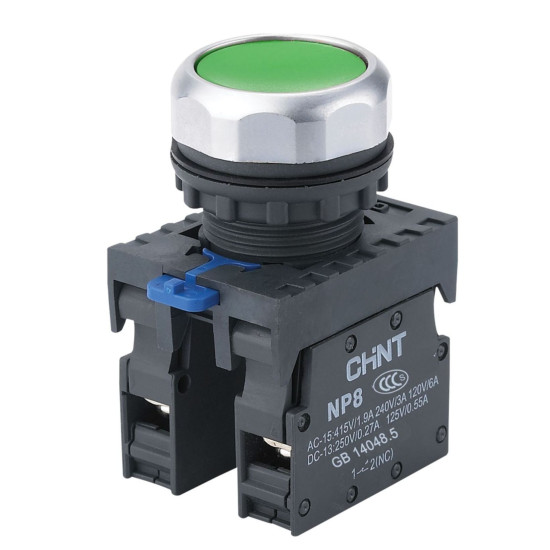 Кнопка Chint NP8-11BND/3 1NO+1NC АС 110В-230В з підсвіткою зелена IP65 (667123)