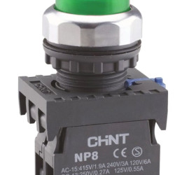 Кнопка Chint NP8-10GND/3 1NO AC 110В-220В (пружинне повернення) зелена IP65 (667310)