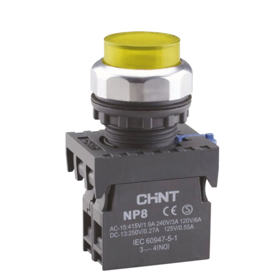 Кнопка Chint NP8-10GND/5 1NO AC 110В-220В (пружинне повернення) жовта IP65 (667332)