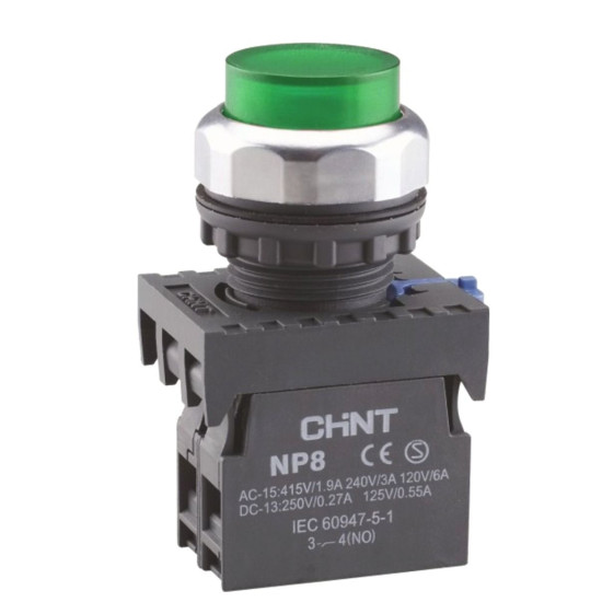 Кнопка Chint NP8-11GND/1 1NO+1NC AC 110В-220В (пружинне повернення) зелена IP65 (667331)