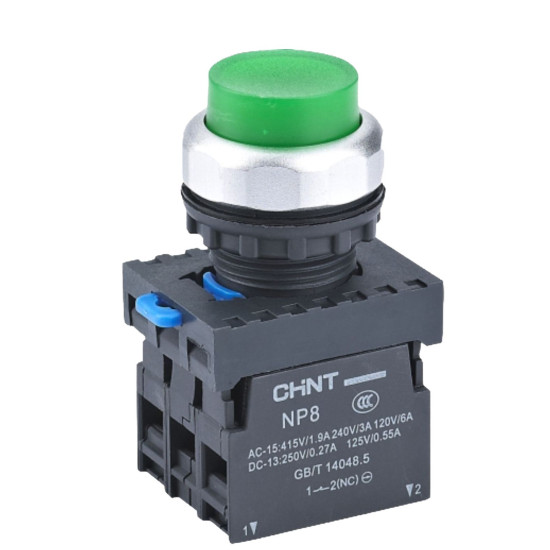 Кнопка Chint NP8-11GND/3 1NO+1NC AC 110В-220В (пружинне повернення) зелена IP65 (667312)