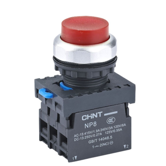 Кнопка Chint NP8-11GND/4 1NO+1NC AC 110В-220В (пружинне повернення) червона IP65 (667313)