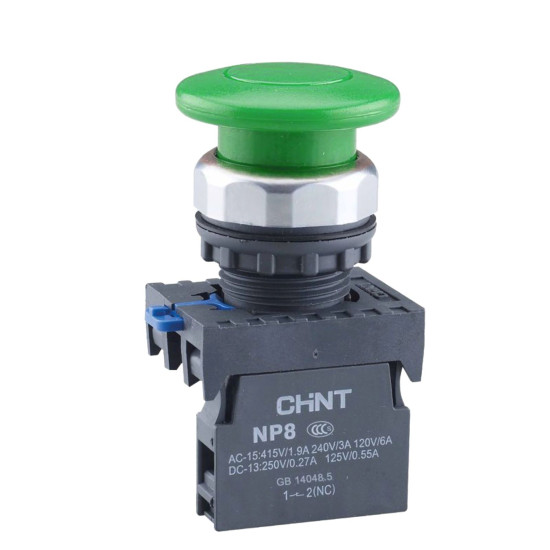 Кнопка грибок Chint NP8-11M/13 1NO+1NC Ø40мм із самоповерненням зелена IP65 (667264)
