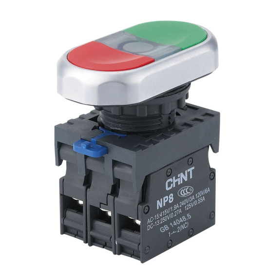 Подвійна кнопка Chint NP8-11SD 1NO+1NC AC 110В-220В з зеленою підсвіткою IP65 (667173)