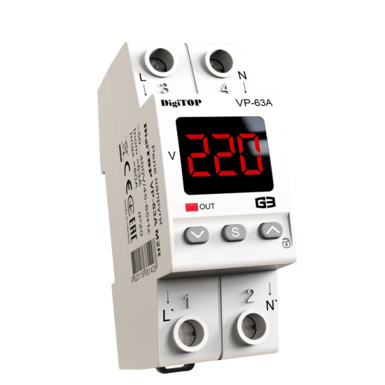 Реле напруги DigiTOP VP-63A M2R (червоний індикатор)