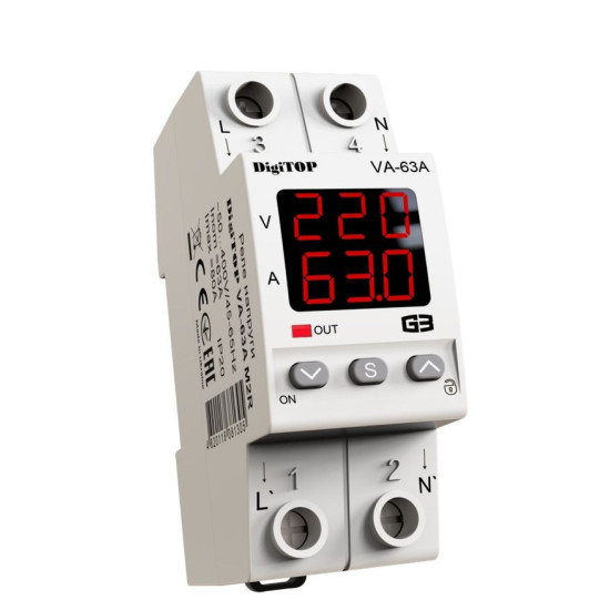Реле напруги DigiTOP VA-63A M2R (червоний індикатор)