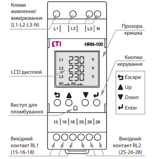 Багатофункціональне реле контролю фаз ETI HRN-100 3F 2x5A AC1 (2470303)