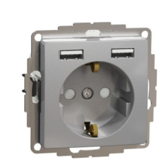 Розетка Schneider Electric Sedna Design & Elements з заземленням та 2 USB тип А алюміній SDD113052