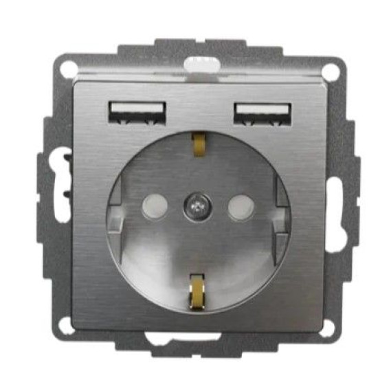 Розетка Schneider Electric Sedna Design & Elements з заземленням та 2 USB тип А матовий алюміній SDD170052